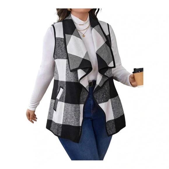 BUFFALO PLAID WATERFALL COLLAR VEST BLACK WHITE WOMEN‎ SIZE SMALL - Picture 4 of 8